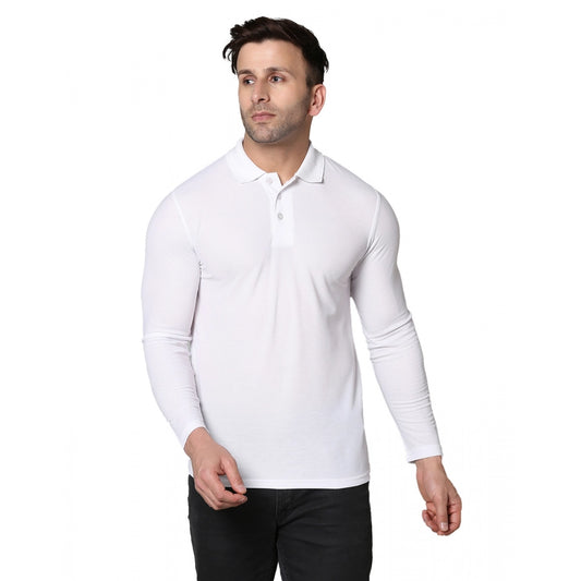 Amfyn Men's Casual Full Sleeve Solid Cotton Blended Polo Neck T-shirt (White)