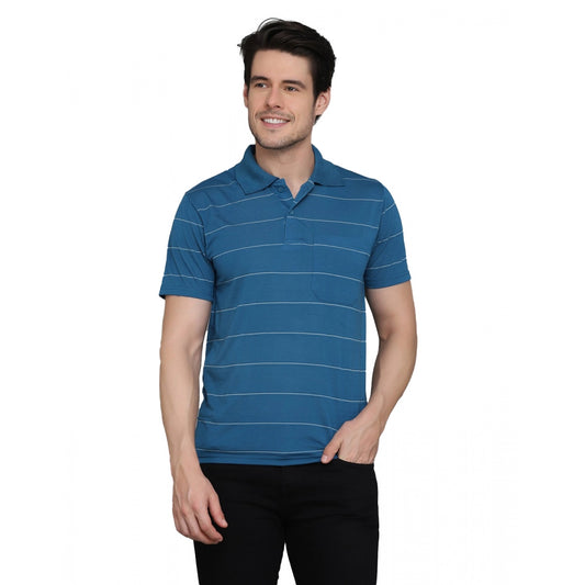 Amfyn Men's Casual Half Sleeve Striped Cotton Blended Polo Neck T-shirt (Teel Blue)