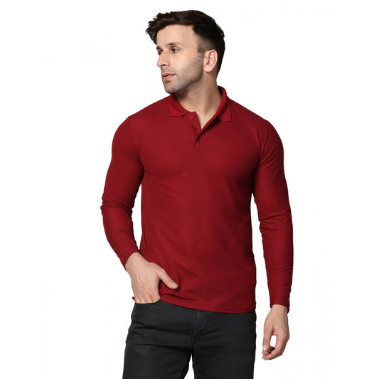 Amfyn Men's Casual Full Sleeve Solid Cotton Blended Polo Neck T-shirt (Maroon)