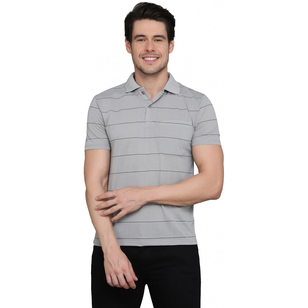 Amfyn Men's Casual Half Sleeve Striped Cotton Blended Polo Neck T-shirt (L.Grey)