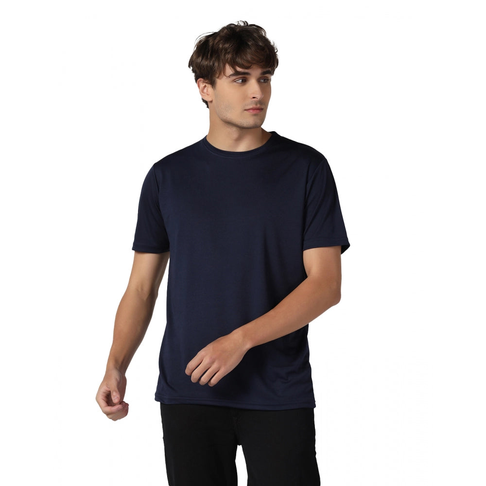 Amfyn Men's Casual Half Sleeve Solid Polyester Round Neck T-shirt (Navy)