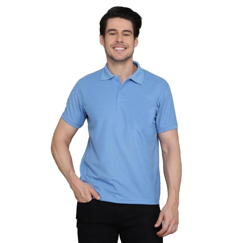 Amfyn Men's Casual Half Sleeve Solid Cotton Blended Polo Neck T-shirt (Blue)