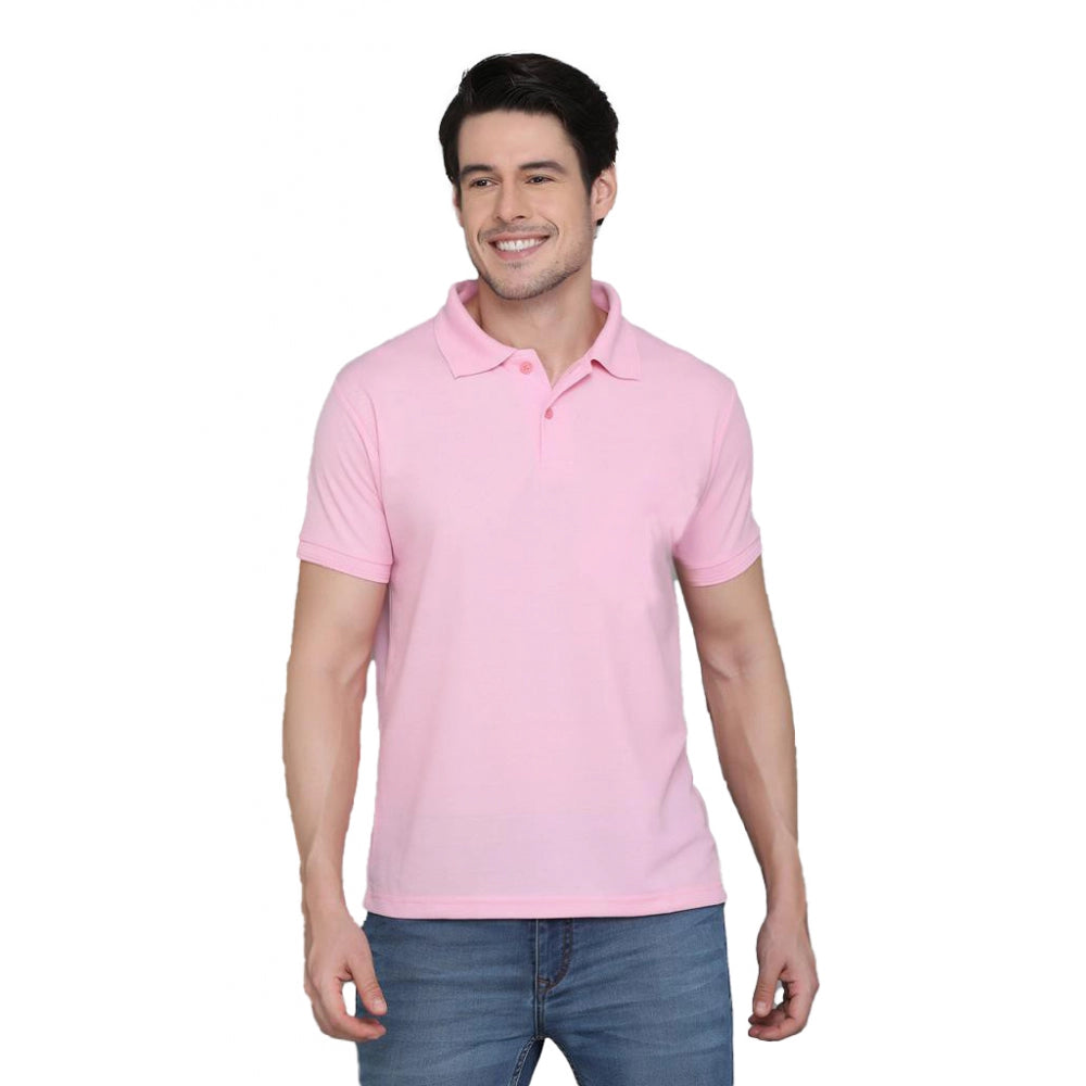 Amfyn Men's Casual Half Sleeve Solid Cotton Blended Polo Neck T-shirt (Pink)