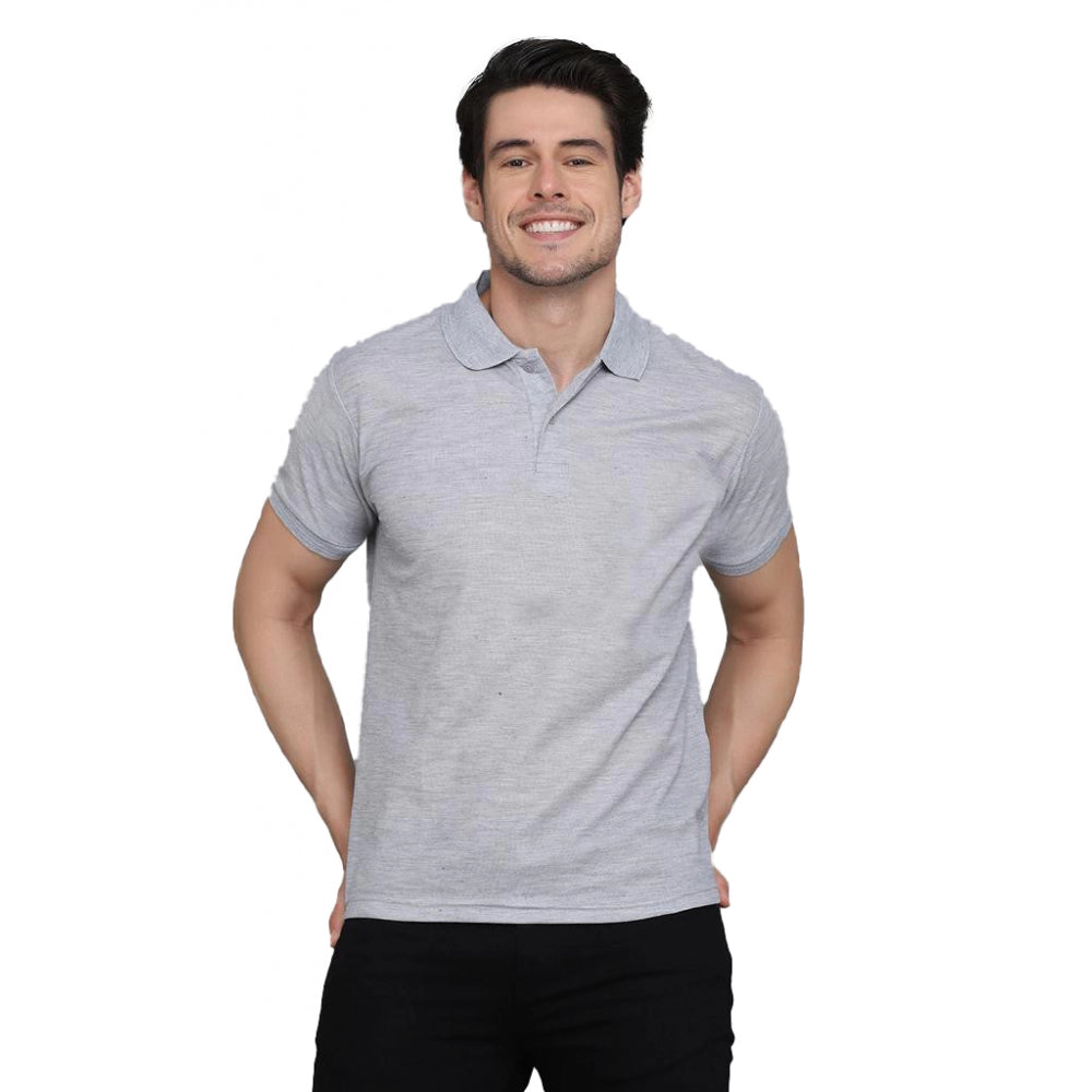 Amfyn Men's Casual Half Sleeve Solid Cotton Blended Polo Neck T-shirt (Grey)