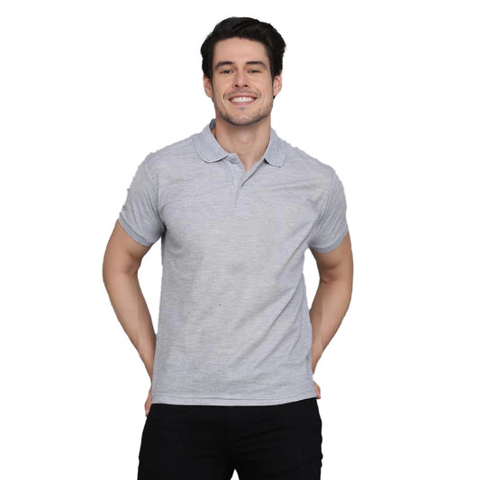 Amfyn Men's Casual Half Sleeve Solid Cotton Blended Polo Neck T-shirt (Grey)