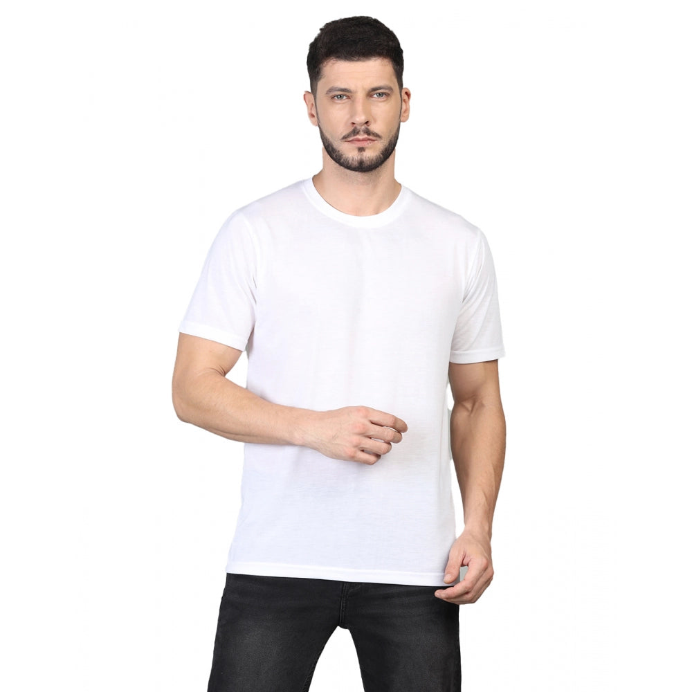 Amfyn Men's Casual Half Sleeve Solid Cotton Blended Round Neck T-shirt (White)