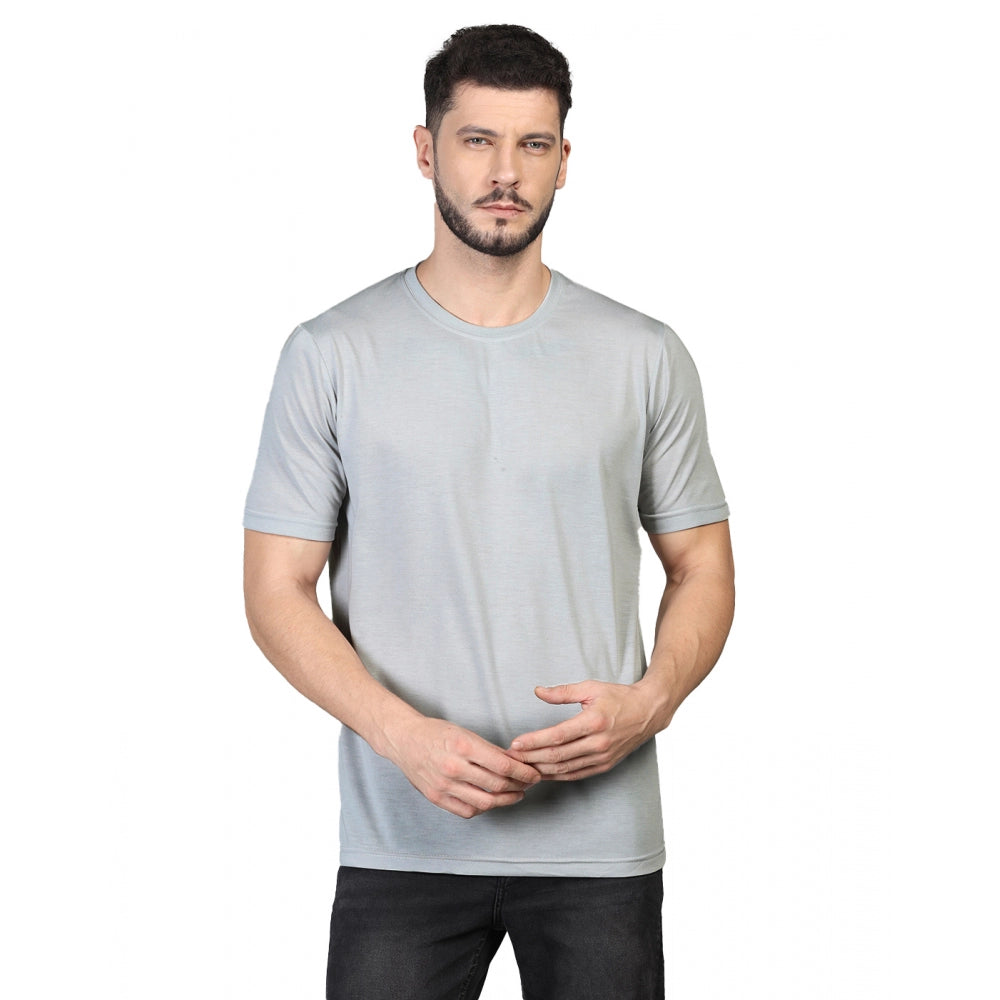 Amfyn Men's Casual Half Sleeve Solid Cotton Blended Round Neck T-shirt (Grey)