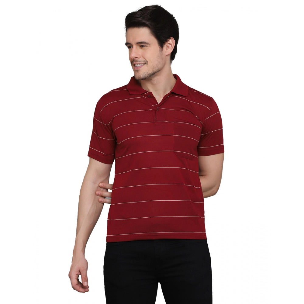 Amfyn Men's Casual Half Sleeve Striped Cotton Blended Polo Neck T-shirt (Maroon)
