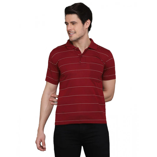 Amfyn Men's Casual Half Sleeve Striped Cotton Blended Polo Neck T-shirt (Maroon)