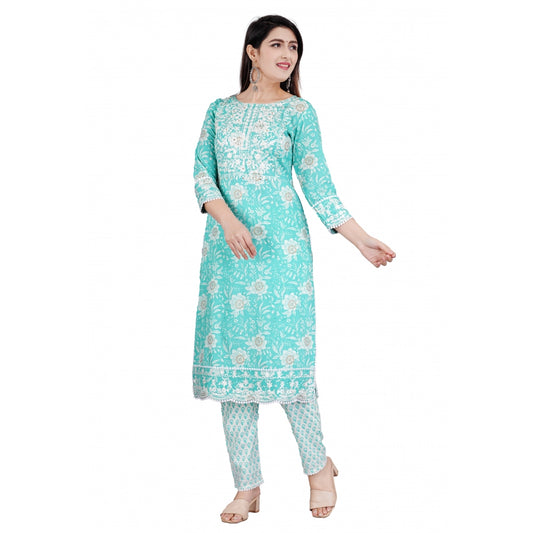 Amfyn Women's Casual 3/4 Sleeve Embroidered Rayon Kurti With Pant And Dupatta Set (Sea Green)