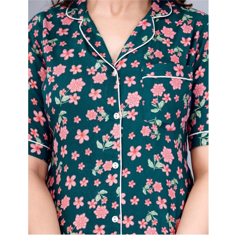 Amfyn Women's Casual Half Sleeve Printed Viscose Rayon Shirt With Pyjama Pant Night Suit Set (Teal)