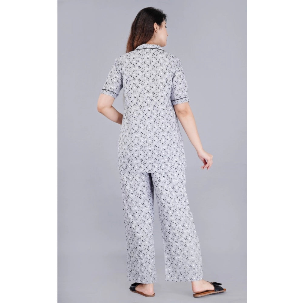 Amfyn Women's Casual Half Sleeve Printed Viscose Rayon Shirt With Pyjama Pant Night Suit Set (Grey)