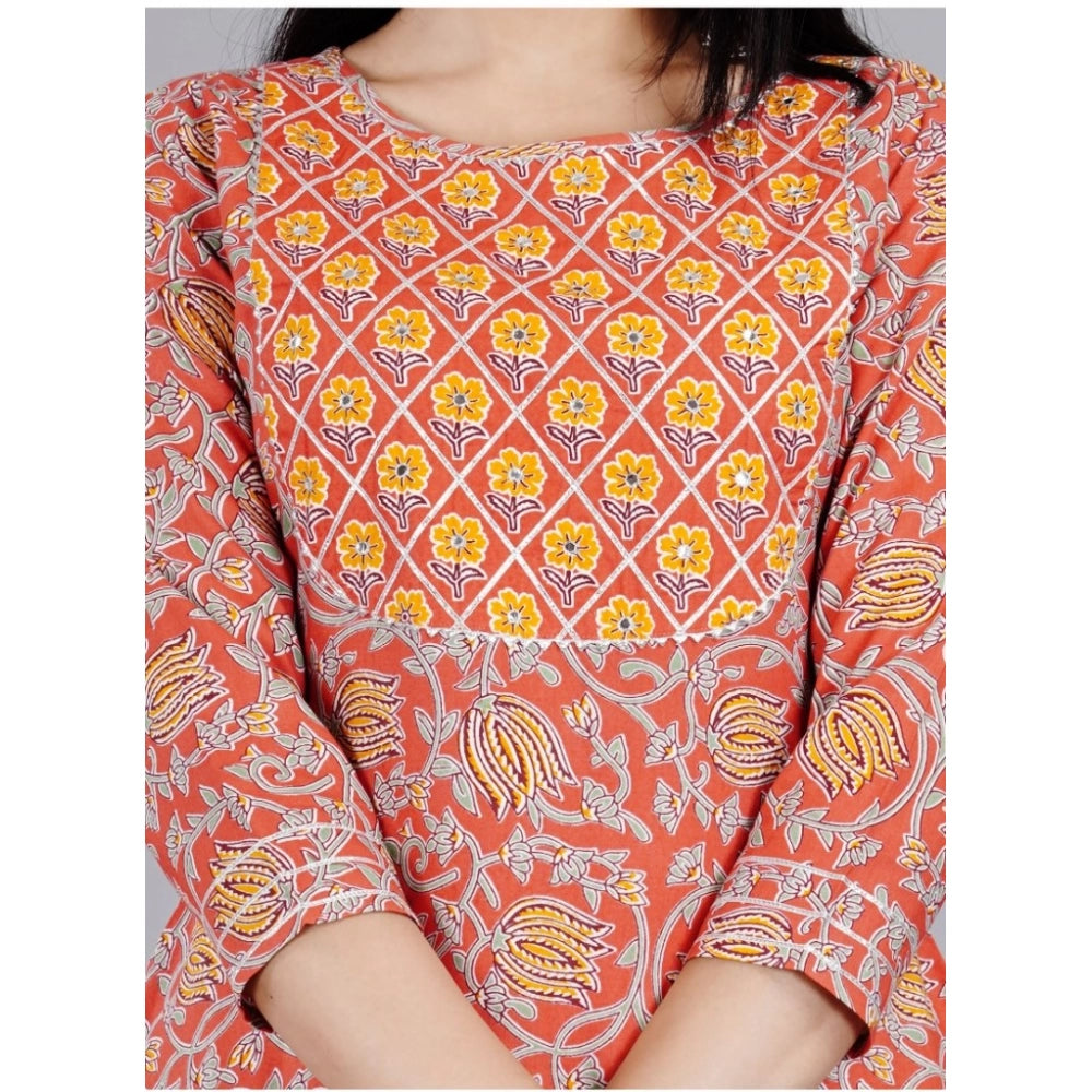 Amfyn Women's Casual 3/4 Sleeve Printed Rayon Kurti With Pant Set (Peach)