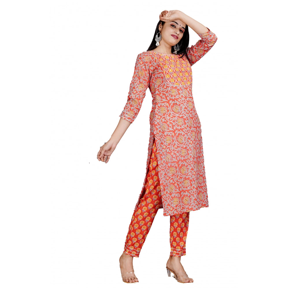 Amfyn Women's Casual 3/4 Sleeve Printed Rayon Kurti With Pant Set (Peach)