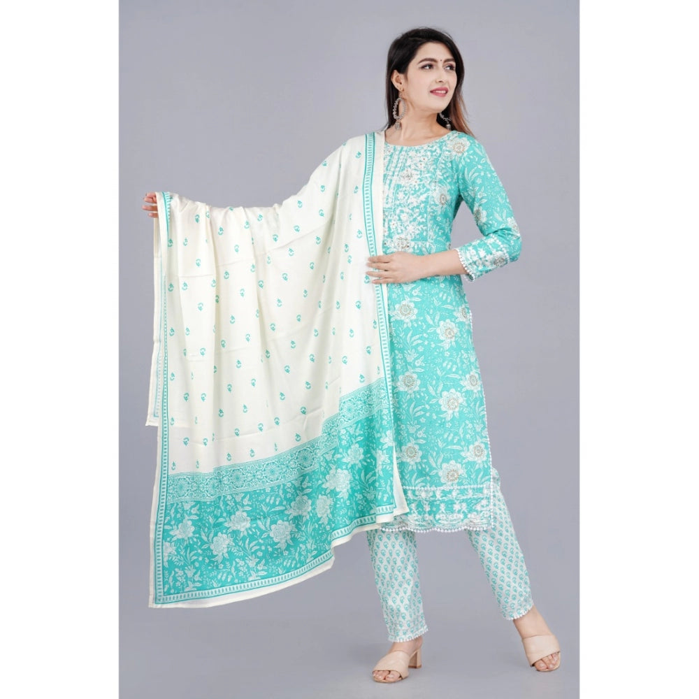 Amfyn Women's Casual 3/4 Sleeve Embroidered Rayon Kurti With Pant And Dupatta Set (Sea Green)