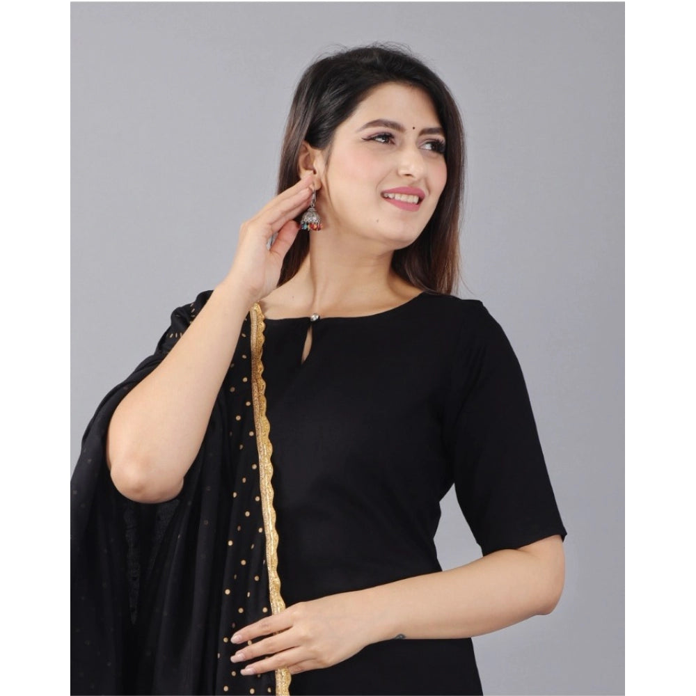 Amfyn Women's Casual Half Sleeve Solid Rayon Kurti With Pant And Dupatta Set (Black)