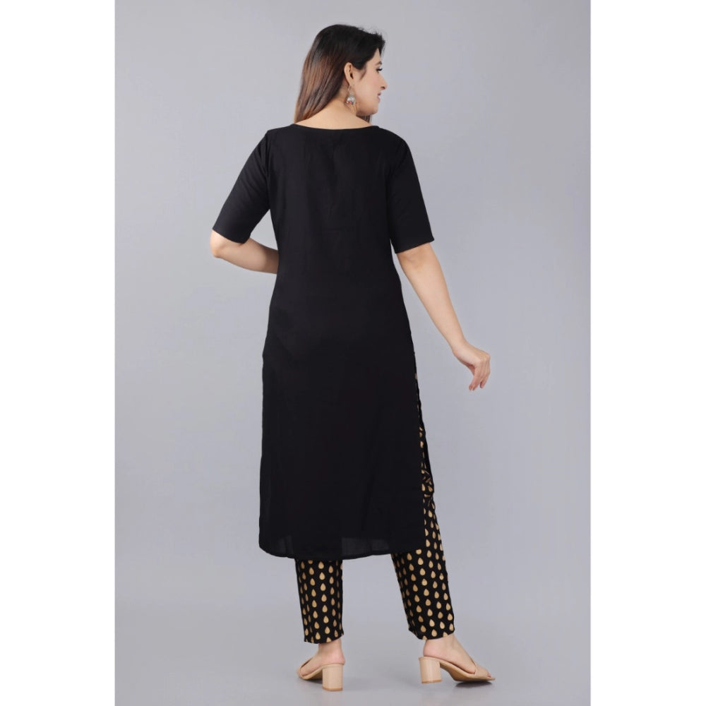 Amfyn Women's Casual Half Sleeve Solid Rayon Kurti With Pant And Dupatta Set (Black)