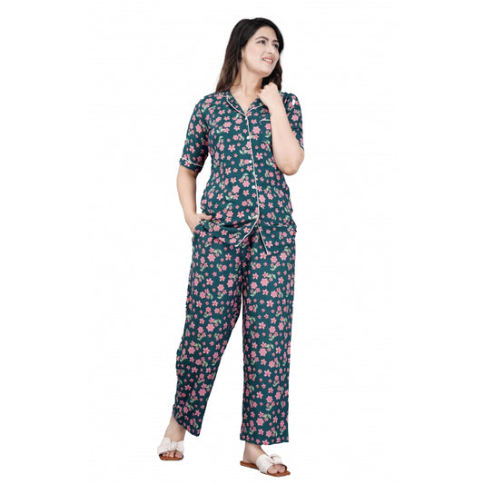 Amfyn Women's Casual Half Sleeve Printed Viscose Rayon Shirt With Pyjama Pant Night Suit Set (Teal)