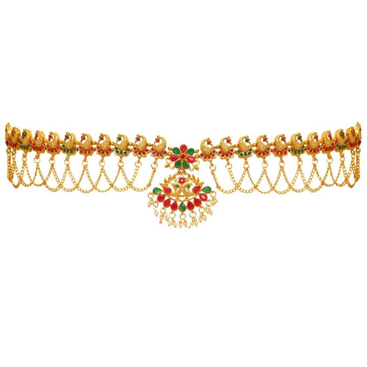 Fashion Women's Maroon &amp; Green Color Glass Stone Kamarband Adjustable Chain