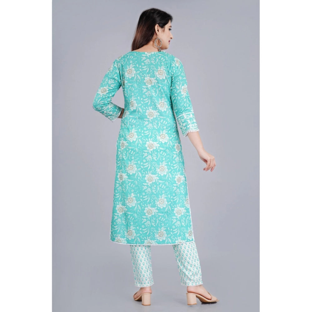 Amfyn Women's Casual 3/4 Sleeve Embroidered Rayon Kurti With Pant And Dupatta Set (Sea Green)
