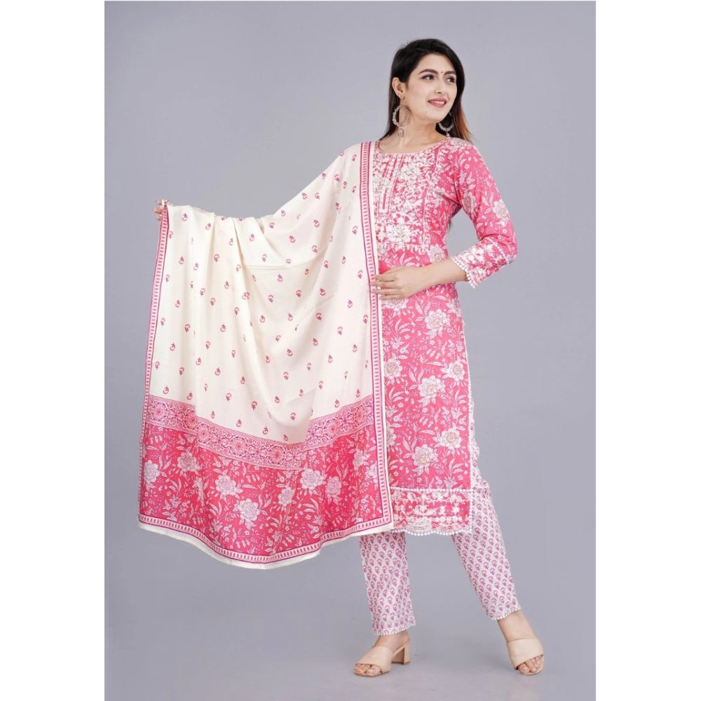Amfyn Women's Casual 3/4 Sleeve Embroidered Rayon Kurti With Pant And Dupatta Set (Pink)