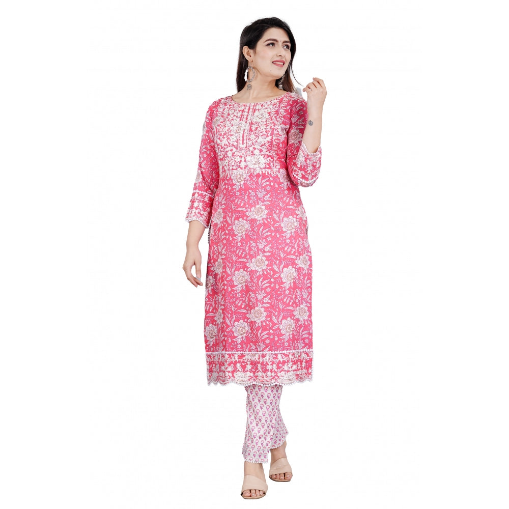 Amfyn Women's Casual 3/4 Sleeve Embroidered Rayon Kurti With Pant And Dupatta Set (Pink)