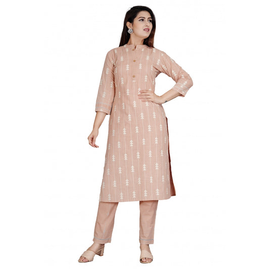 Amfyn Women's Casual 3/4 Sleeve Printed Rayon Kurti With Pant Set (Beige)