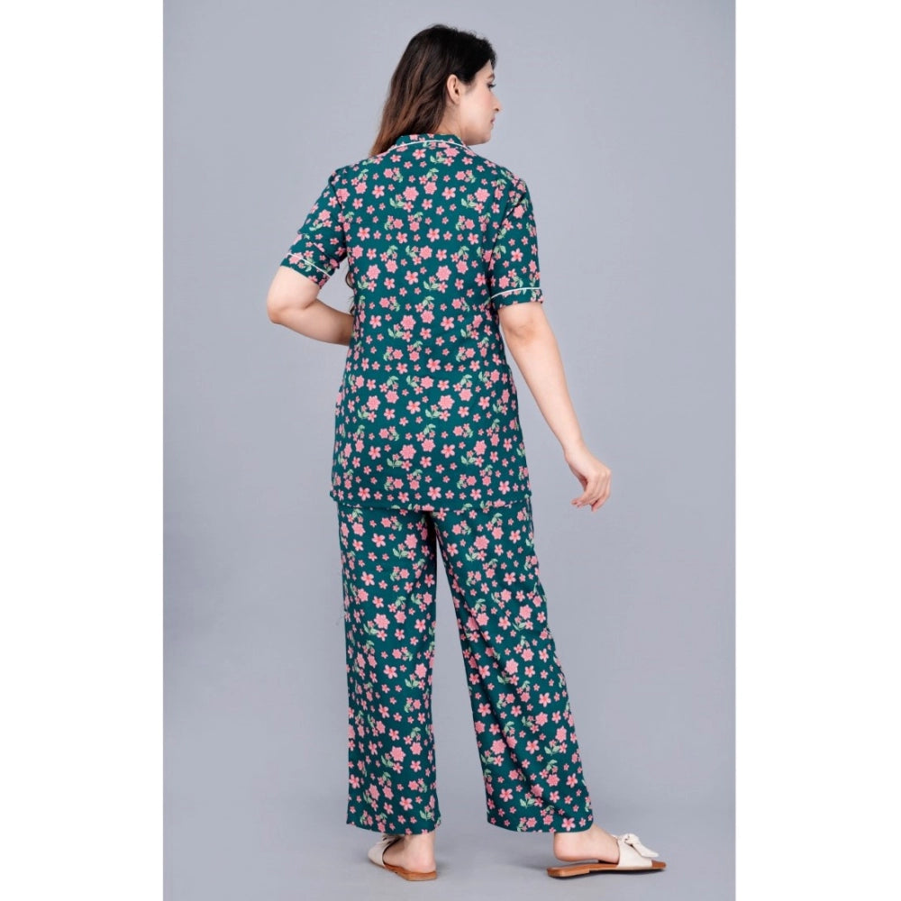 Amfyn Women's Casual Half Sleeve Printed Viscose Rayon Shirt With Pyjama Pant Night Suit Set (Teal)
