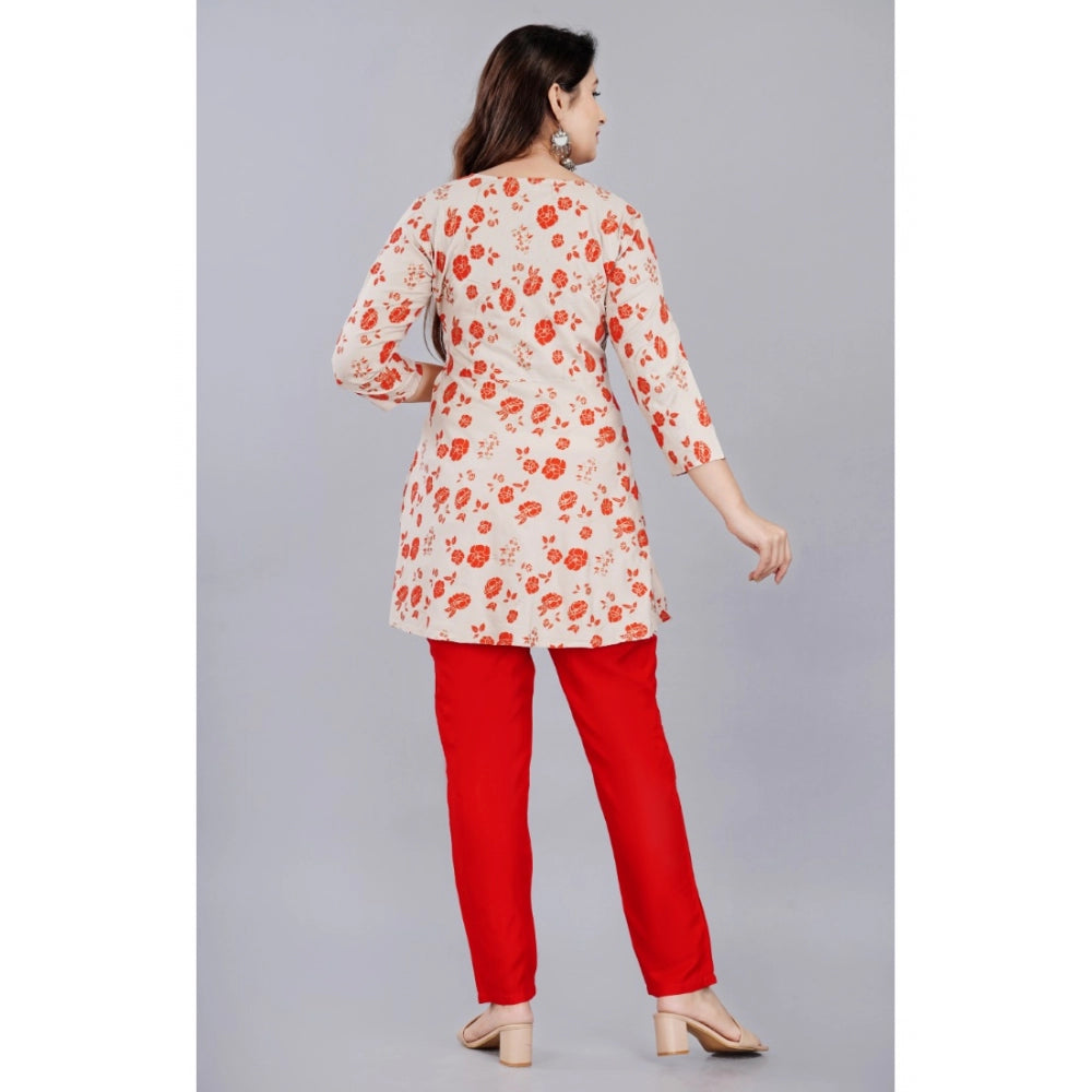 Amfyn Women's Casual 3/4 Sleeve Printed Rayon Co-Ord Set (Beige)