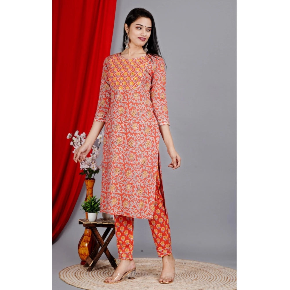 Amfyn Women's Casual 3/4 Sleeve Printed Rayon Kurti With Pant Set (Peach)