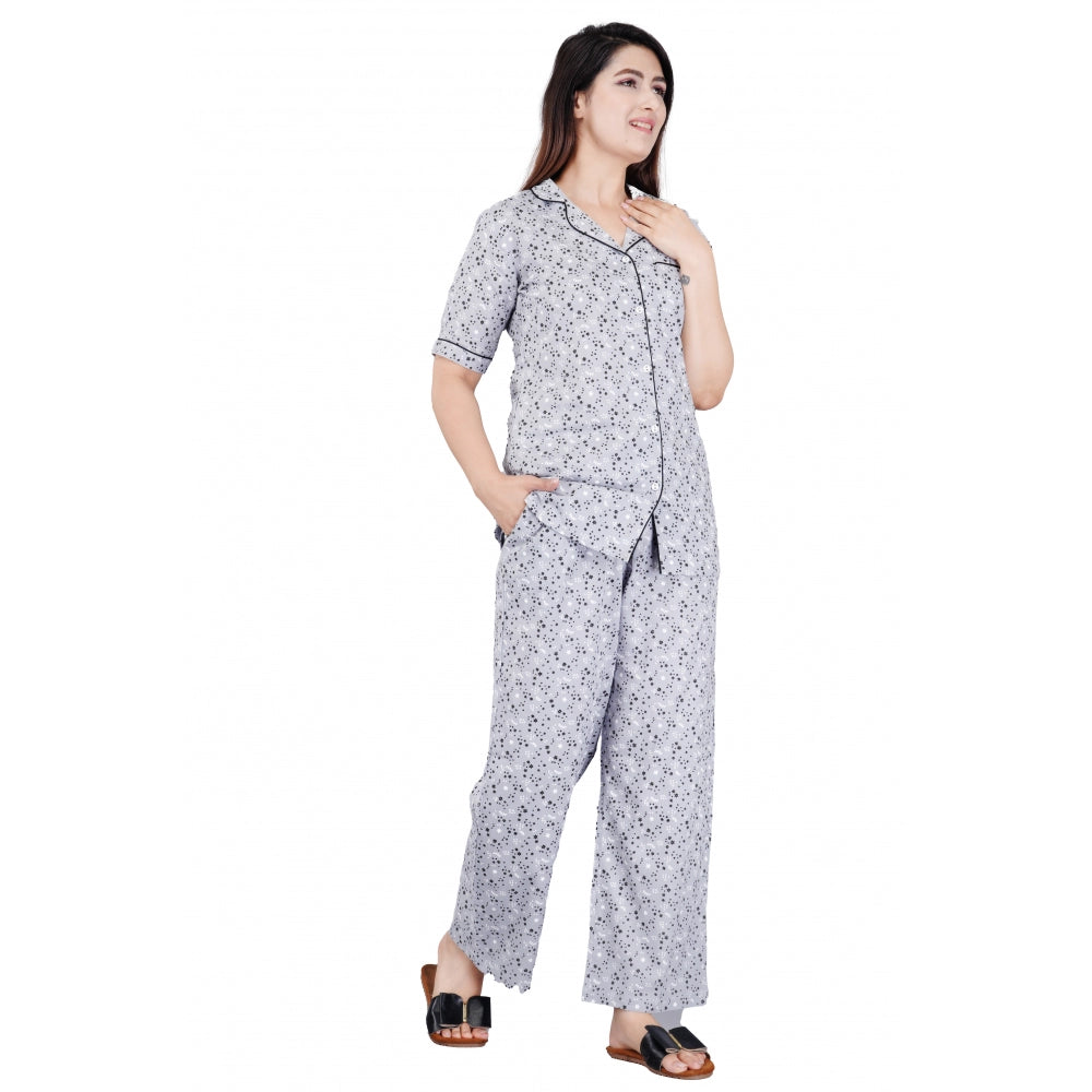 Amfyn Women's Casual Half Sleeve Printed Viscose Rayon Shirt With Pyjama Pant Night Suit Set (Grey)