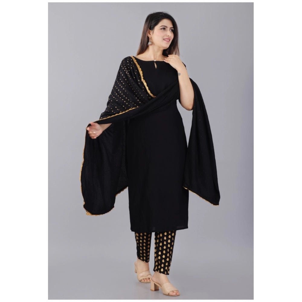 Amfyn Women's Casual Half Sleeve Solid Rayon Kurti With Pant And Dupatta Set (Black)