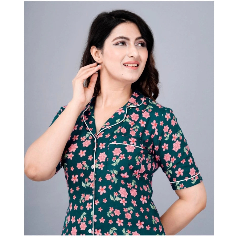 Amfyn Women's Casual Half Sleeve Printed Viscose Rayon Shirt With Pyjama Pant Night Suit Set (Teal)