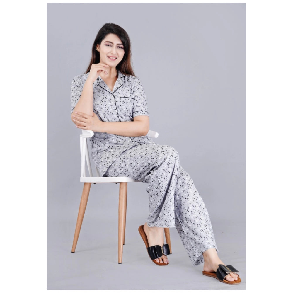 Amfyn Women's Casual Half Sleeve Printed Viscose Rayon Shirt With Pyjama Pant Night Suit Set (Grey)