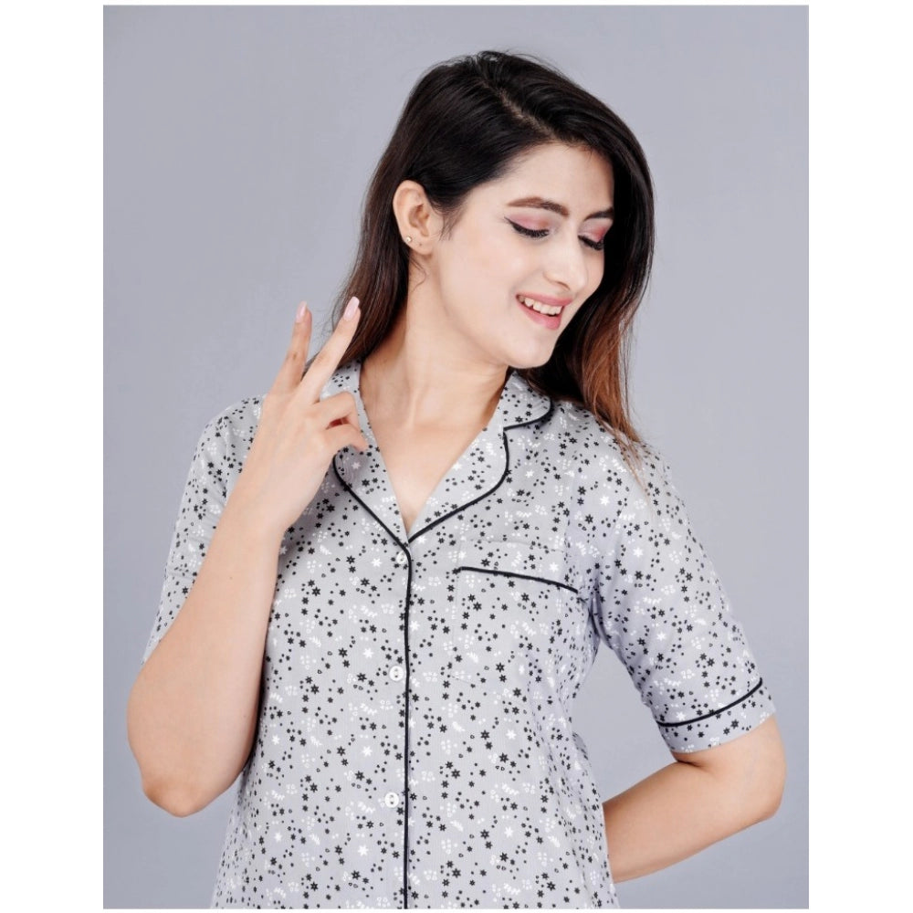 Amfyn Women's Casual Half Sleeve Printed Viscose Rayon Shirt With Pyjama Pant Night Suit Set (Grey)