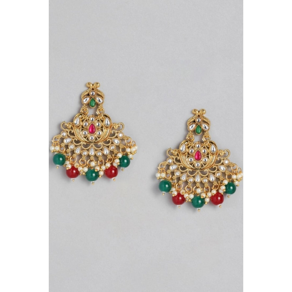 Amfyn Women's Rose Gold Plated Alloy Kundan Earrings &amp; Mangtikka (Red &amp; Green)