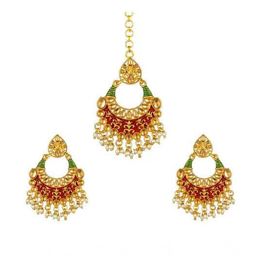 Amfyn Women's Rose Gold Plated Alloy Kundan Earrings &amp; Mangtikka (Red &amp; Green)