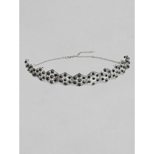 Amfyn Women's Rose Gold Plated Alloy Choker (Silver &amp; Black)