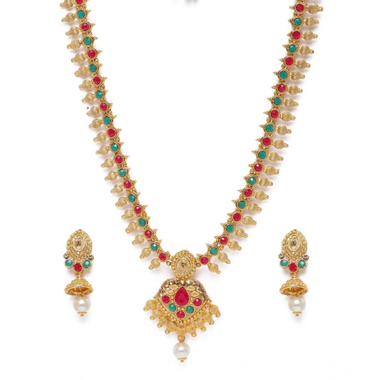 Amfyn Women's Rose Gold Plated Alloy Necklace &amp; Earings Set (Green &amp; Red)