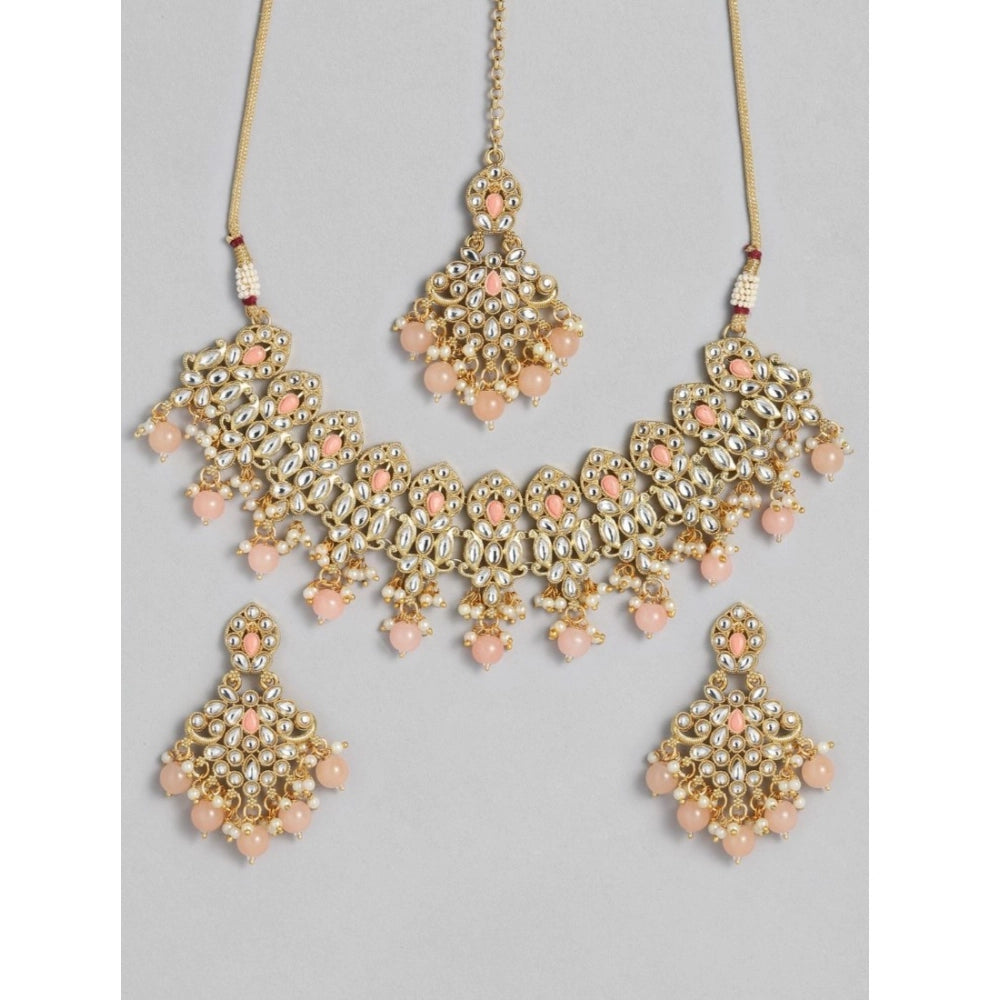 Amfyn Women's Rose Gold Plated Alloy Necklace &amp; Earings Set (Pink)
