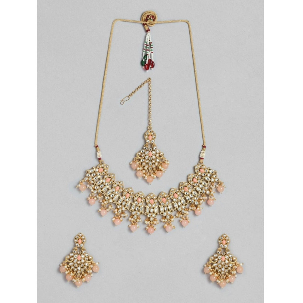 Amfyn Women's Rose Gold Plated Alloy Necklace &amp; Earings Set (Pink)