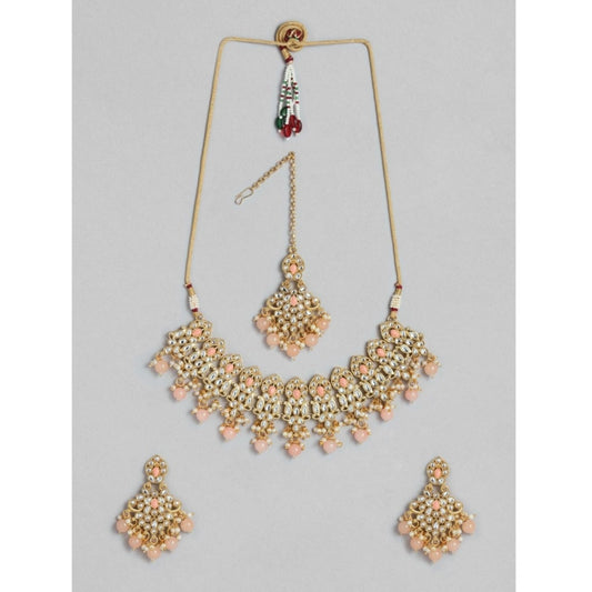 Amfyn Women's Rose Gold Plated Alloy Necklace &amp; Earings Set (Pink)