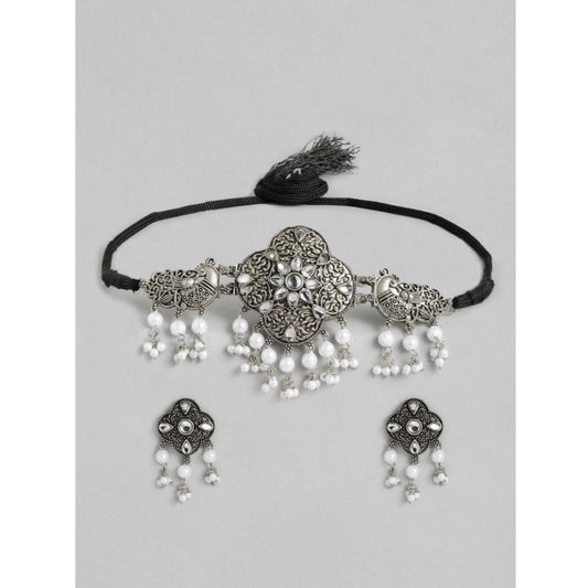 Amfyn Women's Rose Gold Plated Alloy Necklace &amp; Earings Set (Silver &amp; White)