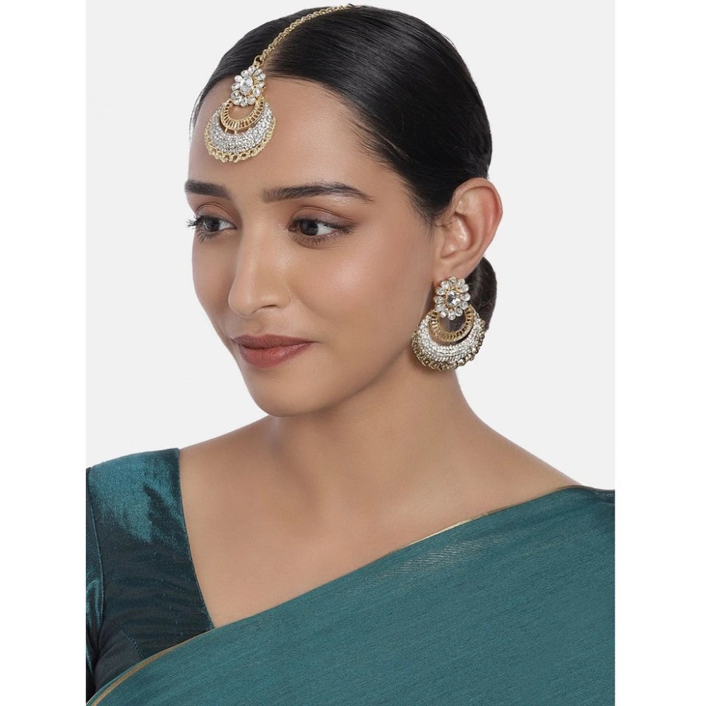 Amfyn Women's Rose Gold Plated Alloy Kundan Earrings &amp; Mangtikka (White)