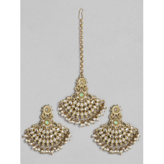 Amfyn Women's Rose Gold Plated Alloy Kundan Earrings &amp; Mangtikka (White)