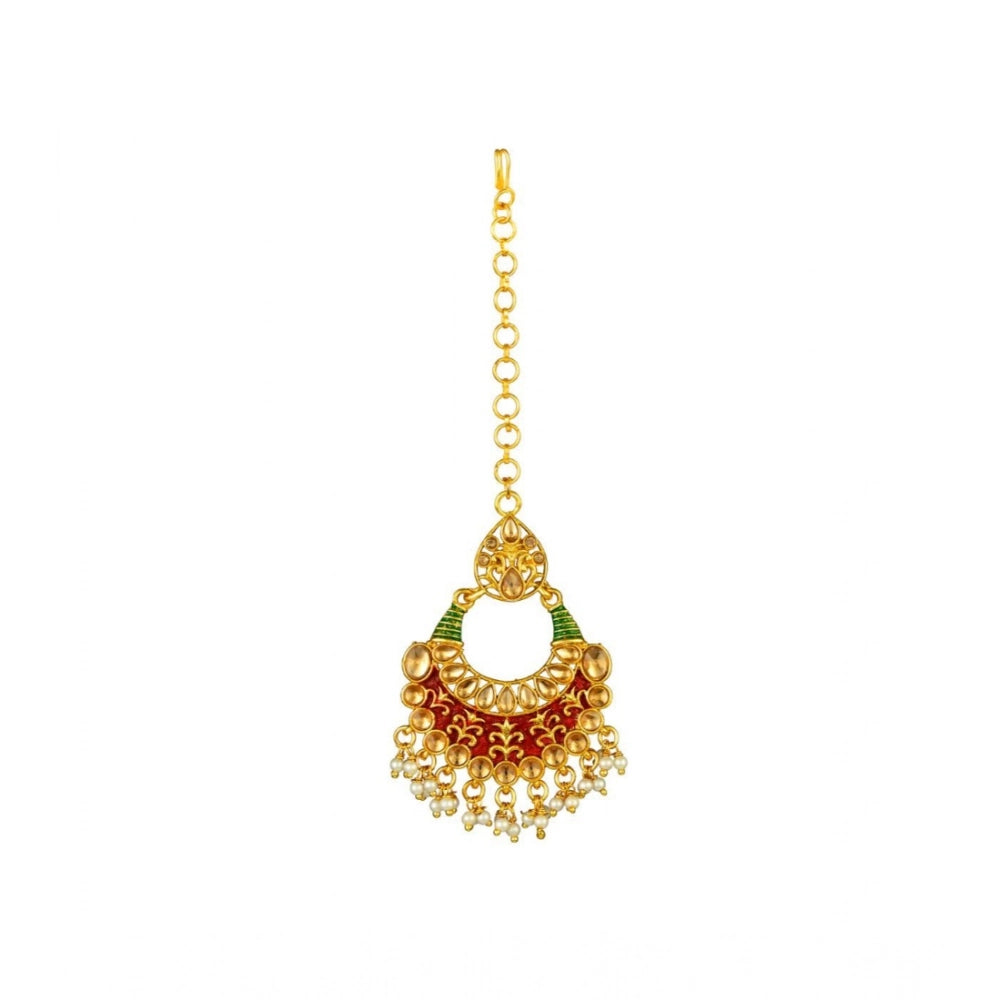 Amfyn Women's Rose Gold Plated Alloy Kundan Earrings &amp; Mangtikka (Red &amp; Green)