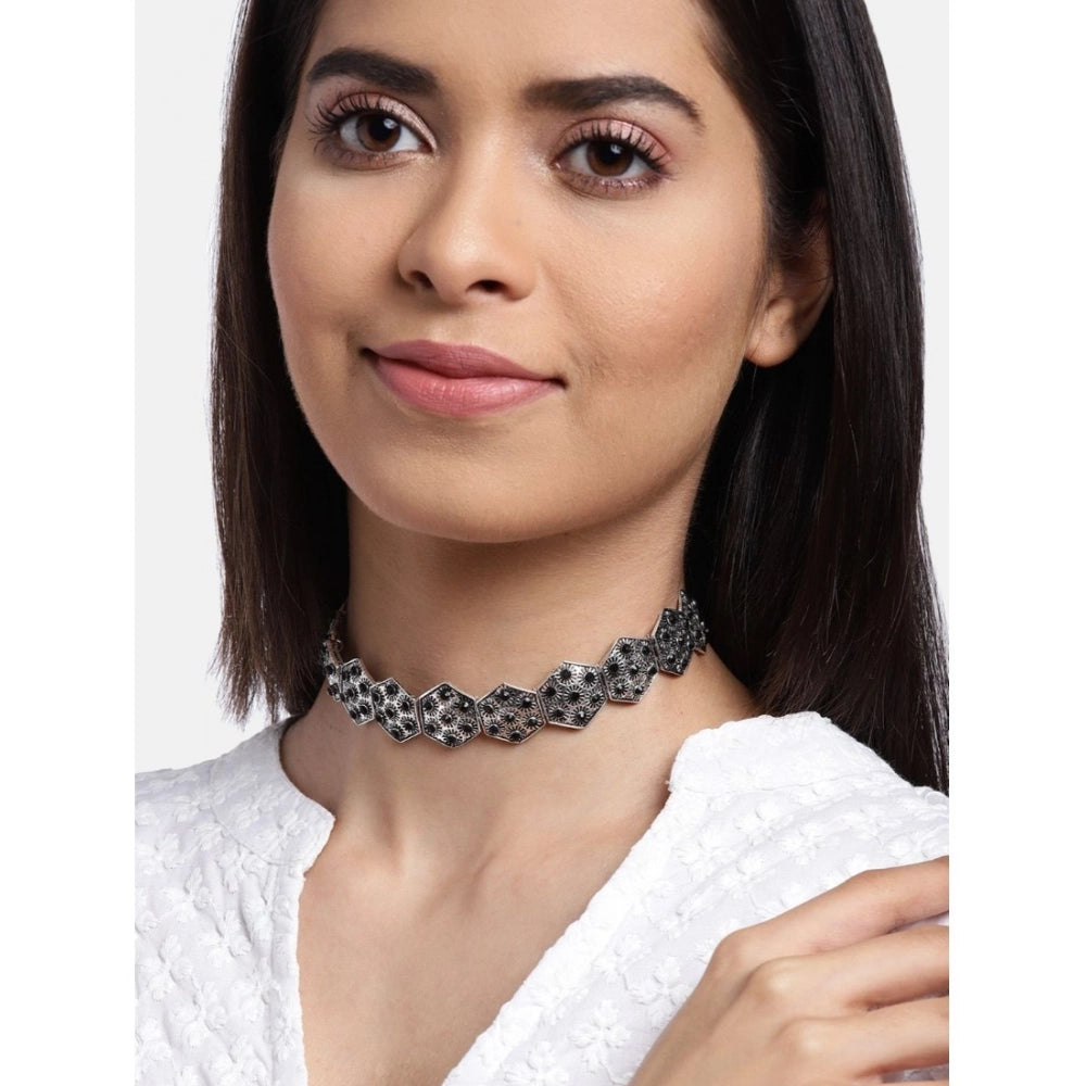 Amfyn Women's Rose Gold Plated Alloy Choker (Silver &amp; Black)