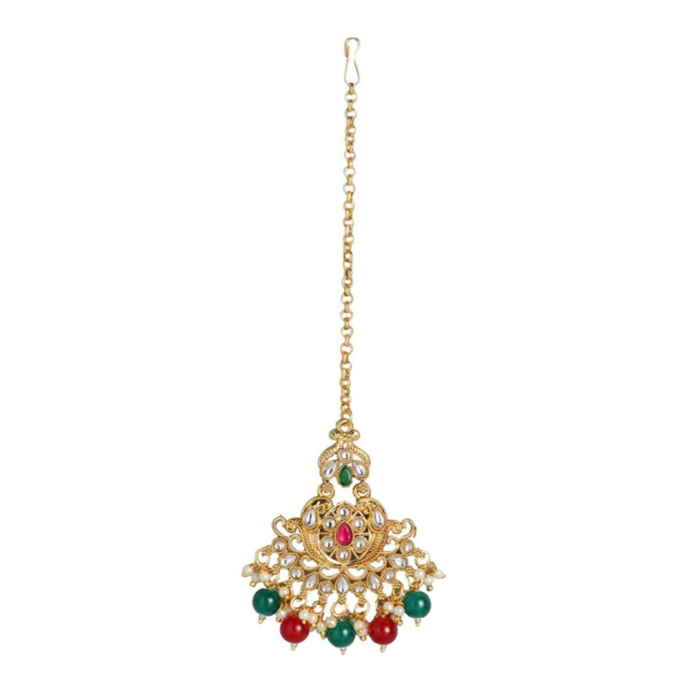 Amfyn Women's Rose Gold Plated Alloy Kundan Earrings &amp; Mangtikka (Red &amp; Green)