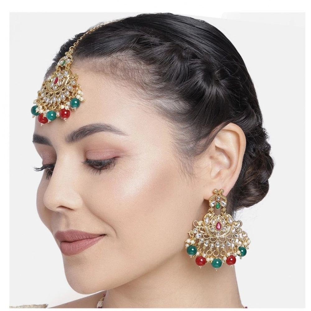 Amfyn Women's Rose Gold Plated Alloy Kundan Earrings &amp; Mangtikka (Red &amp; Green)