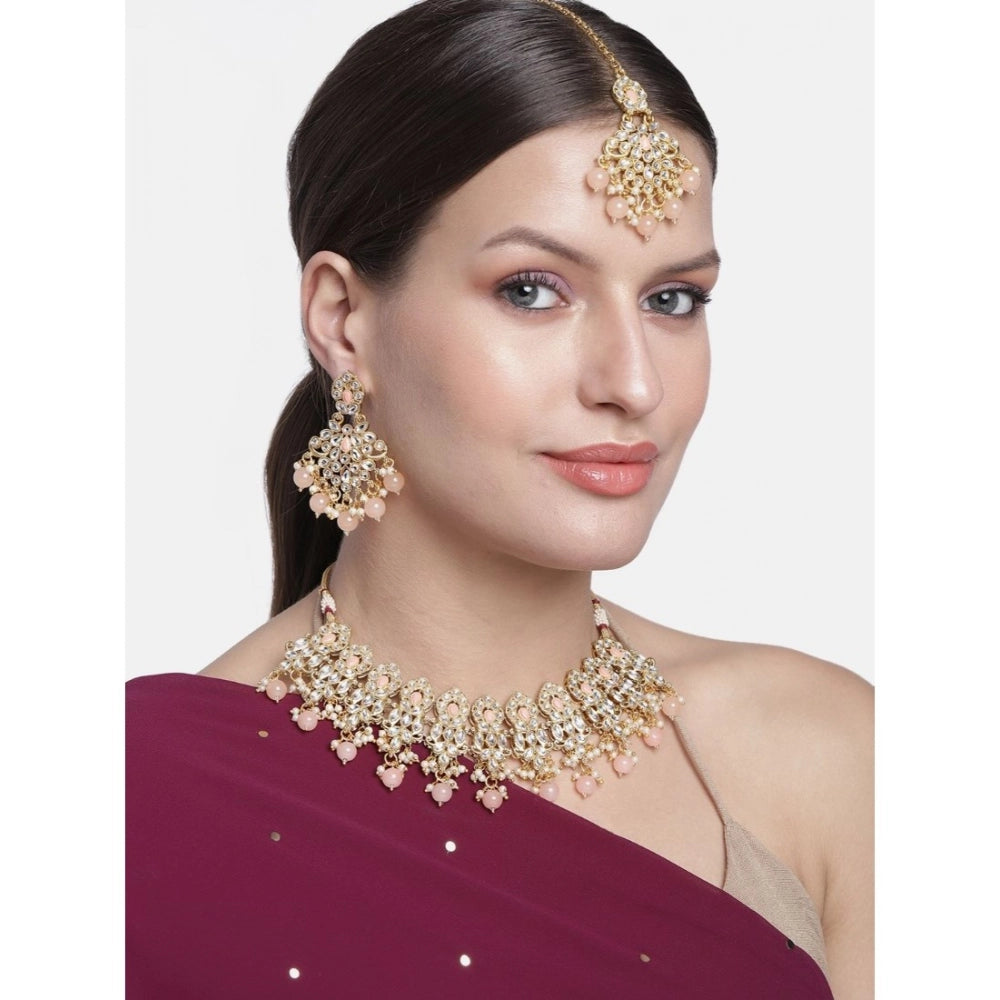 Amfyn Women's Rose Gold Plated Alloy Necklace &amp; Earings Set (Pink)